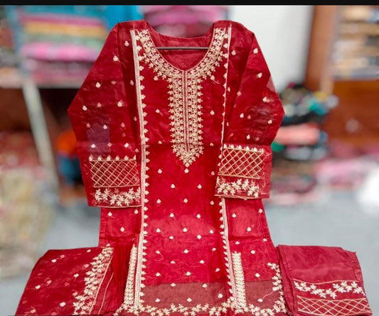 3PC | Red Organza 3-Piece Suit for Women Medium Size