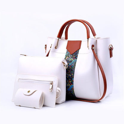 White 4-Piece PU Leather Handbag Set – Paisley Design Luxury Women’s Bag Collection