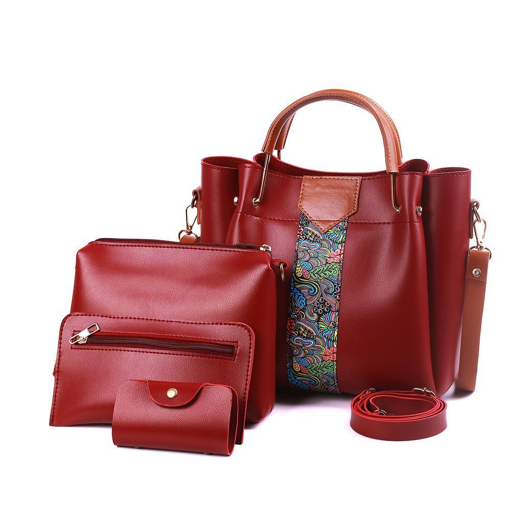 White 4-Piece PU Leather Handbag Set – Paisley Design Luxury Women’s Bag Collection