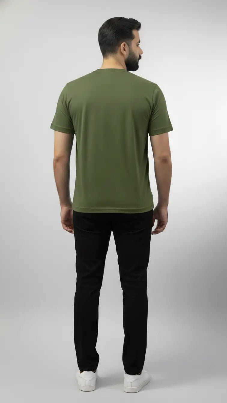 back view of the Military/olive green crew neck t-shirt buy online in pakistan. 95% cotton and 5% spandex