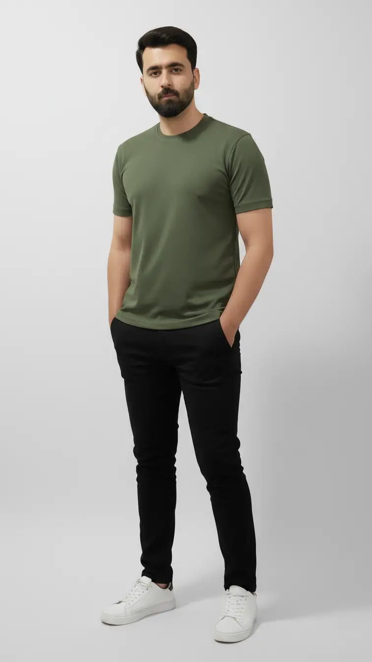 Front view of the Military green and olive green crew neck t-shirt buy online in pakistan. 95% cotton and 5% spandex