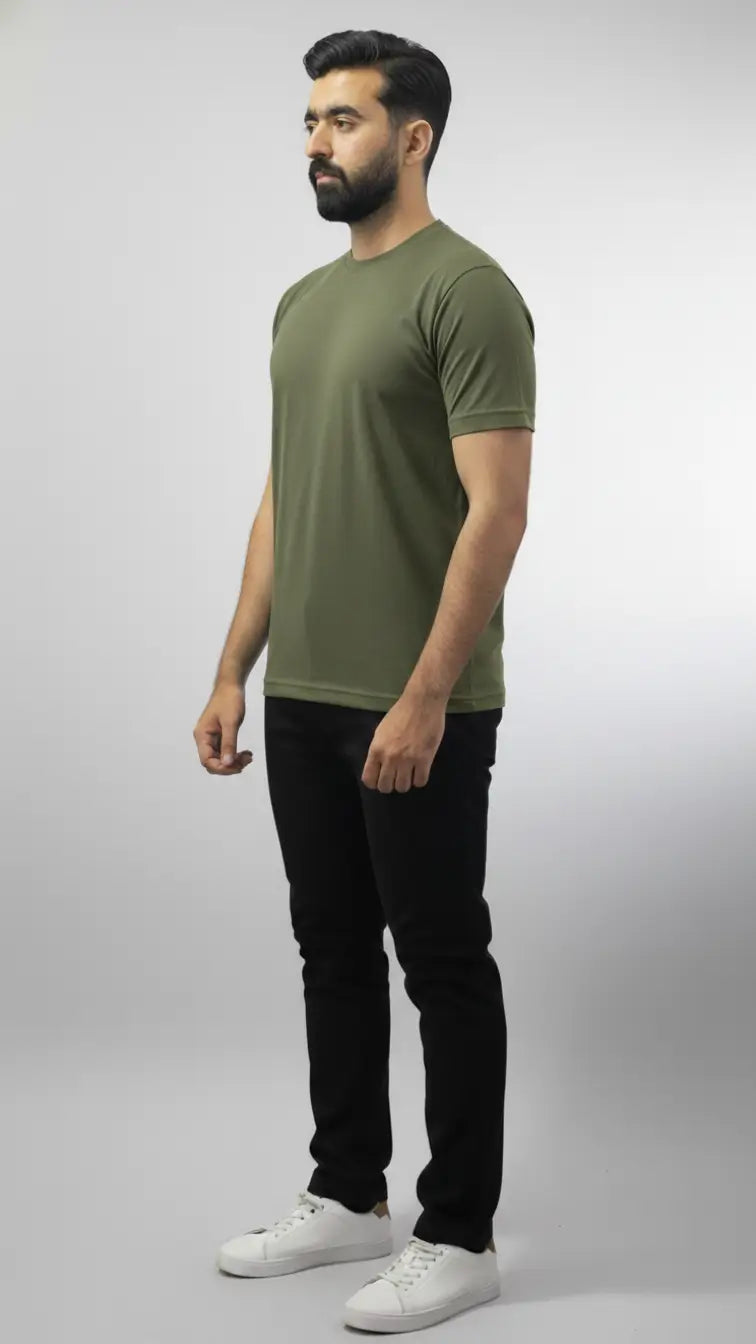side view of the Military/olive green crew neck t-shirt buy online in pakistan. 95% cotton and 5% spandex