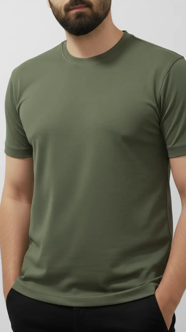 close look view of the Military green | olive green crew neck t-shirt buy online in pakistan. 95% cotton and 5% spandex
