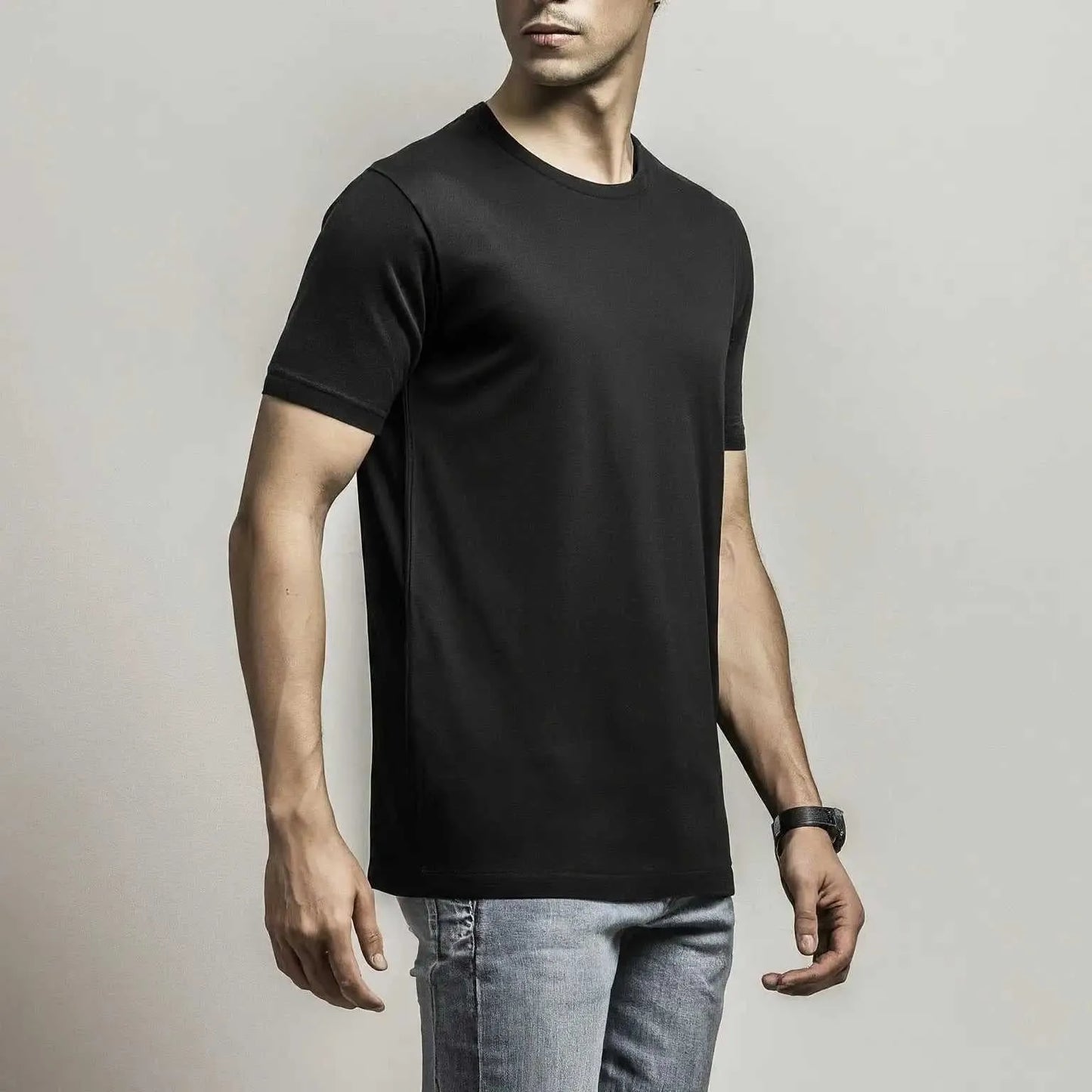 Plain Black round neck t shirt for men | Buy online in pakistan | AFRAZ | Side view