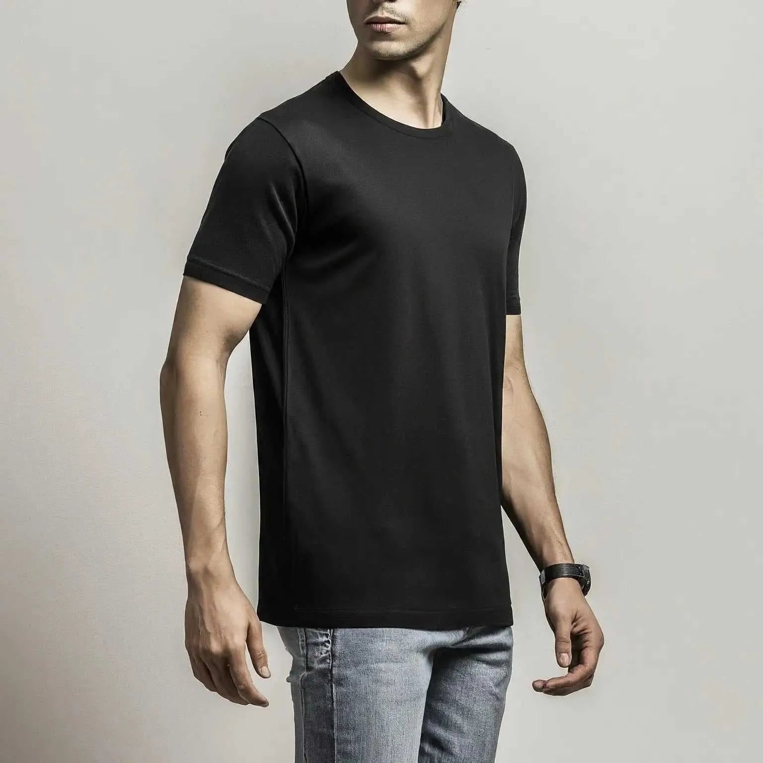 Plain Black round neck t shirt for men | Buy online in pakistan | AFRAZ | Side view