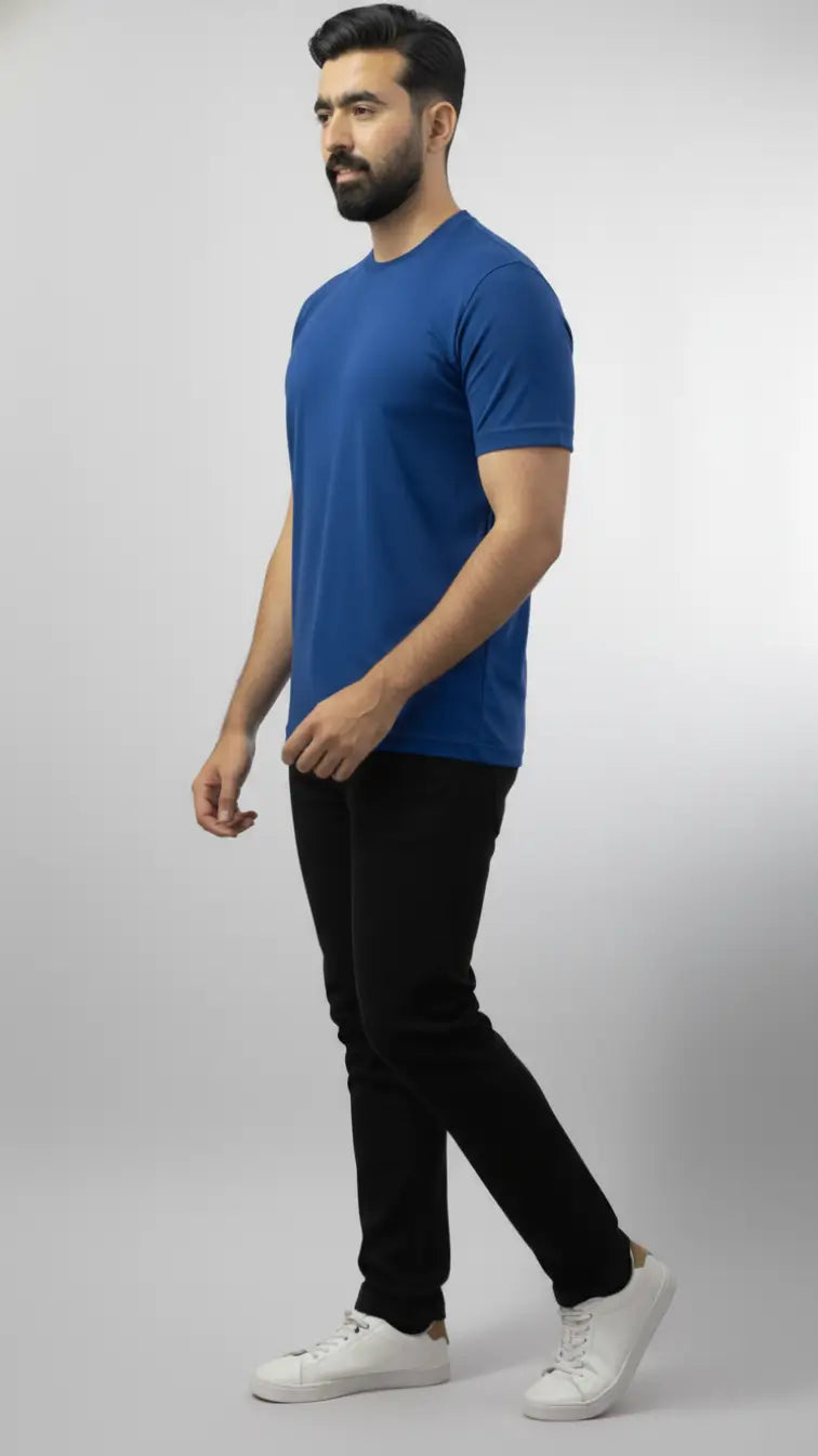 Buy Royal Blue crewneck plain t-shirt for men| Buy online Pakistan | Side View | AFRAZ