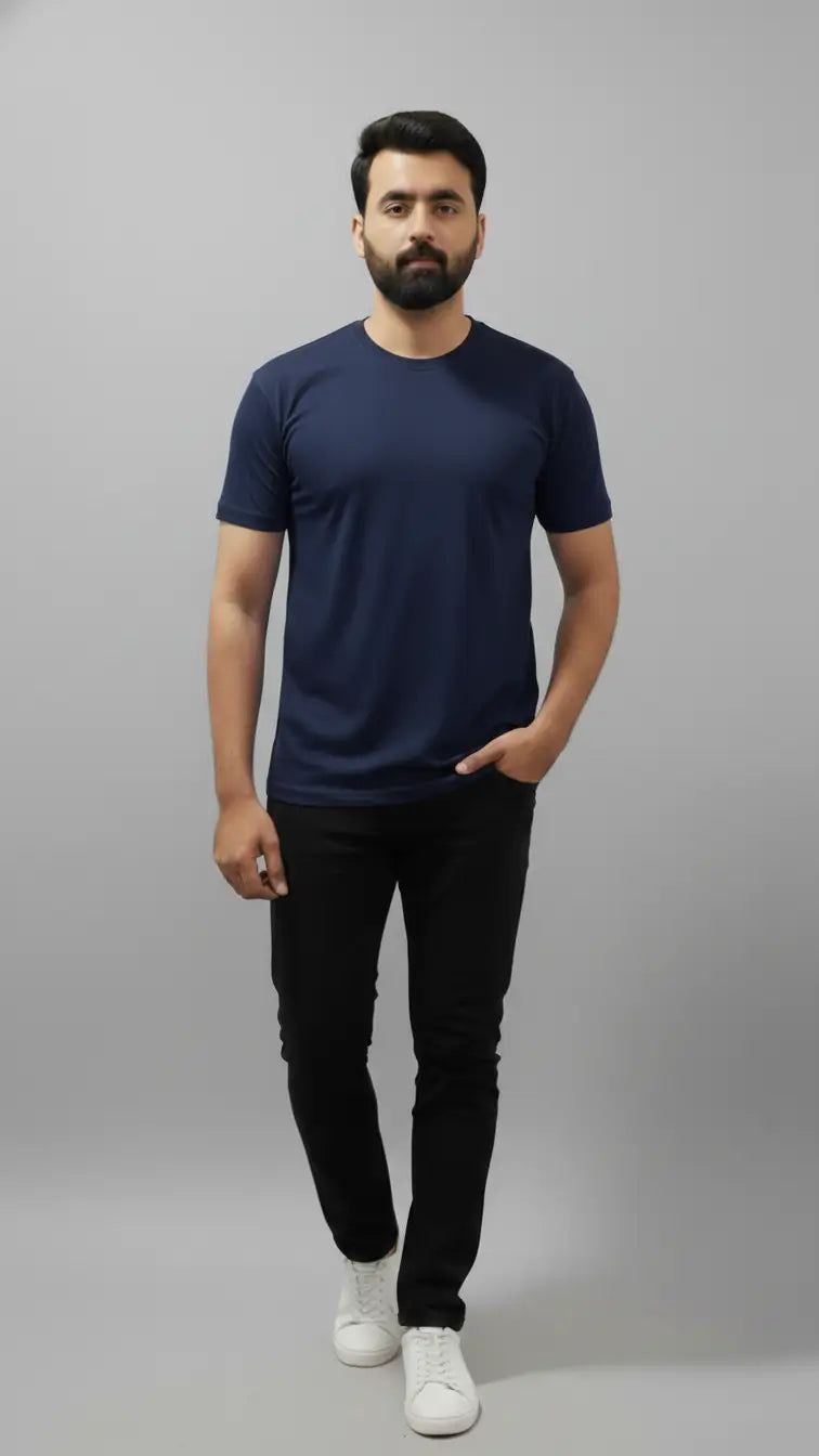 Solid Navy Royal Blue crewneck plain t-shirt for men| Buy online Pakistan | stylish Front View | AFRAZ | comfort, fit and quality product