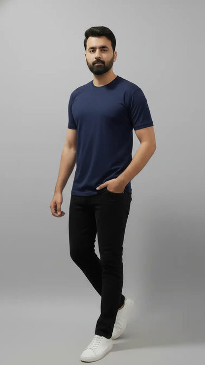 Solid Navy Royal Blue crewneck plain t-shirt for men| Buy online Pakistan | Front View | AFRAZ