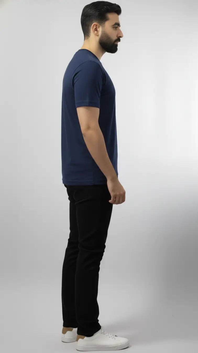 Solid Navy Royal Blue crewneck plain t-shirt for men| Buy online Pakistan | side View | AFRAZ | Premium fabric, best stitching.