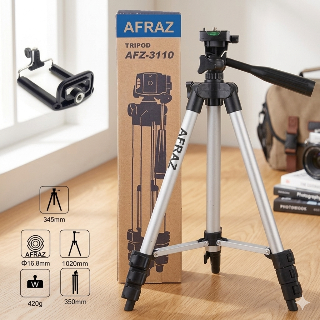 Afraz 3-in-1 Professional Camera & Mobile Tripod Stand — Adjustable & Foldable Video Gear