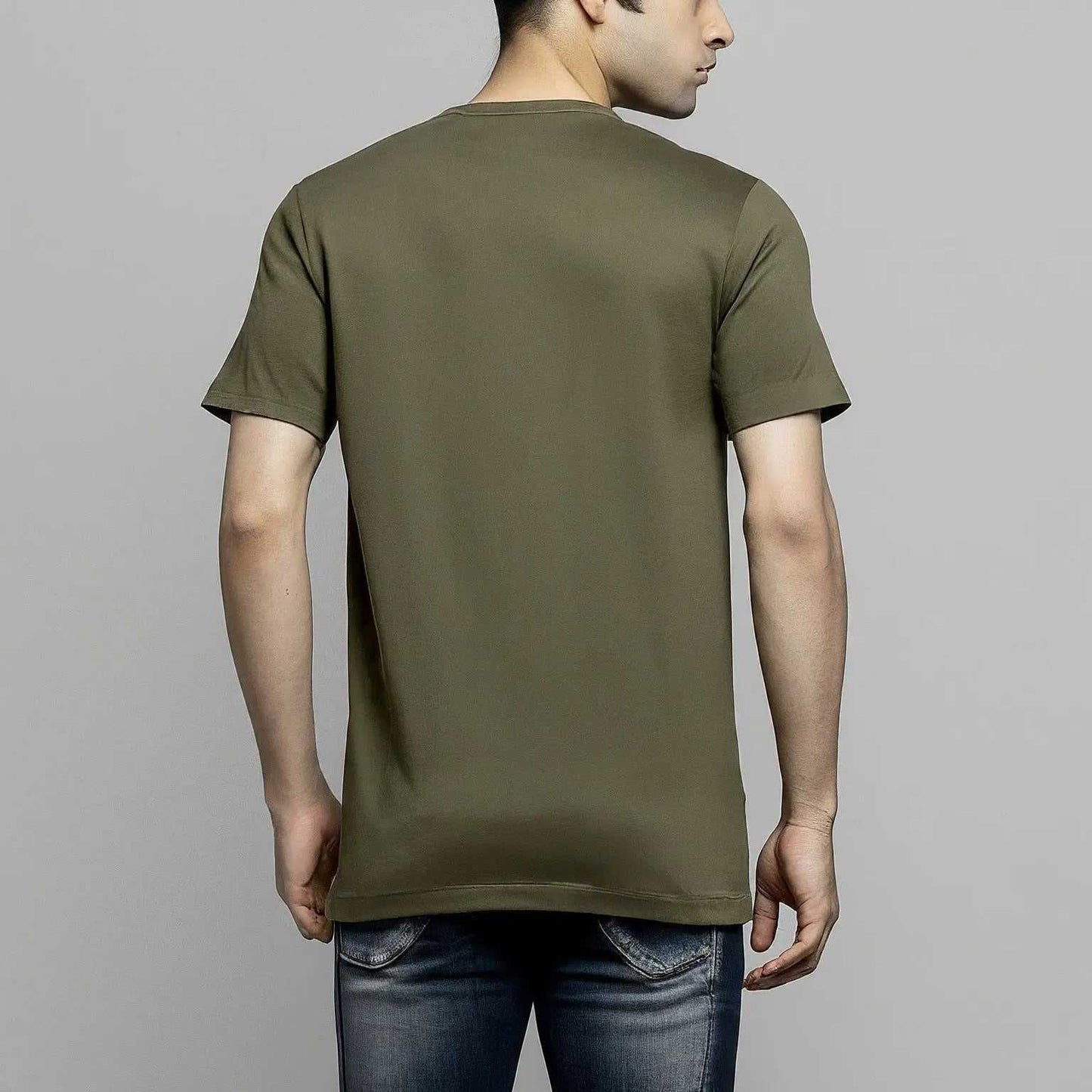 Back view of the Military green crew neck t-shirt buy online in pakistan. 95% cotton and 5% spandex