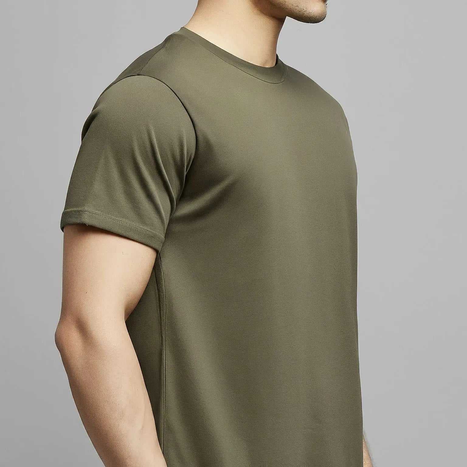 Side  view of the Military green crew neck t-shirt buy online in pakistan. 95% cotton and 5% spandex.