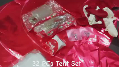 Afraz Premium 32 Pcs Romantic Tent Decoration Set for Bedroom – Red & White Balloons Garland Kit with Foil Hearts, Fairy LED Lights & White Curtain Backdrop for Anniversary & Proposal
