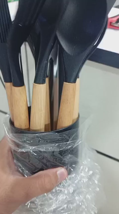 Afraz Premium 12-Pcs Silicone Kitchen Utensils Set with Wooden Handles – Non-Stick Heat-Resistant Cookware Cooking Tools with Holder