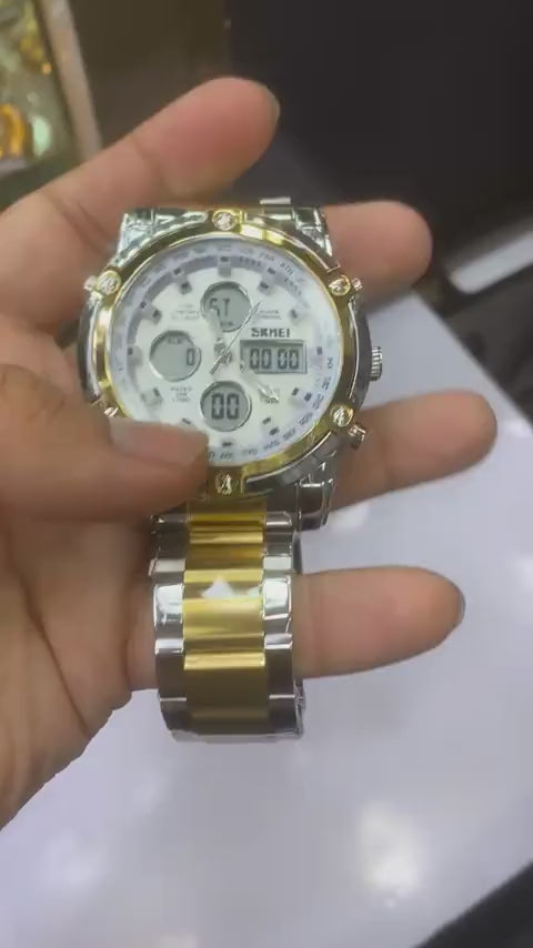 SKMEI 1389 Smart Men’s Digital Analog Watch – Two-Tone Gold & Silver Business Chronograph